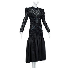 Oleg Cassini Glam Black Beaded Illusion Power Gown with Trumpet Skirt - S, 1980s