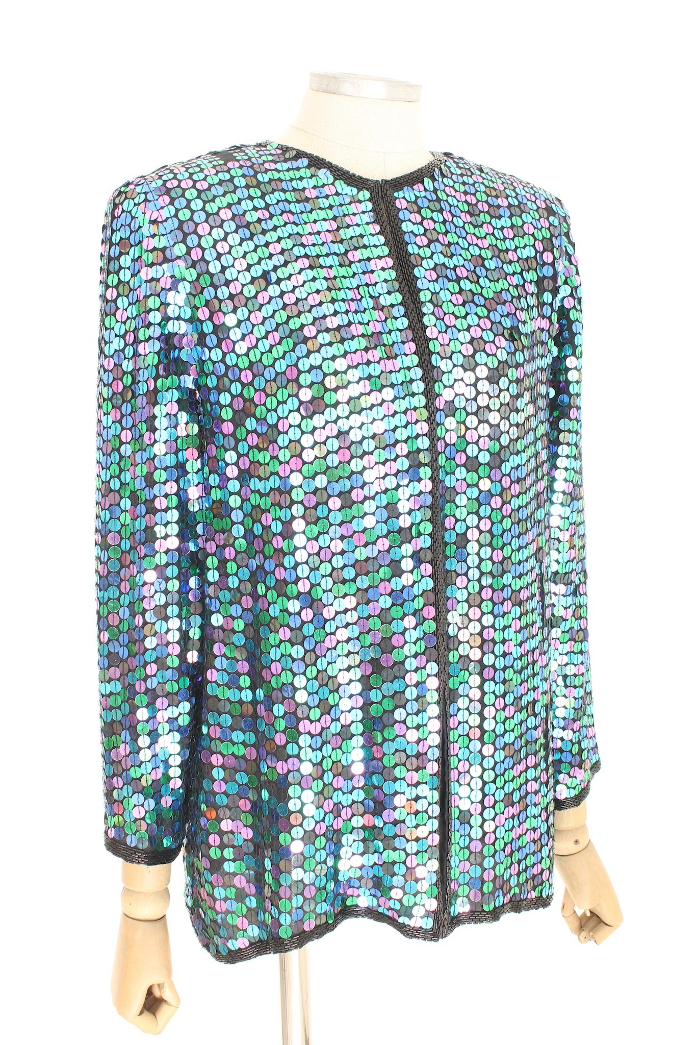 Oleg Cassini Green Sequins Silk Vintage Evening Jacket 1990s In Excellent Condition For Sale In Brindisi, Bt