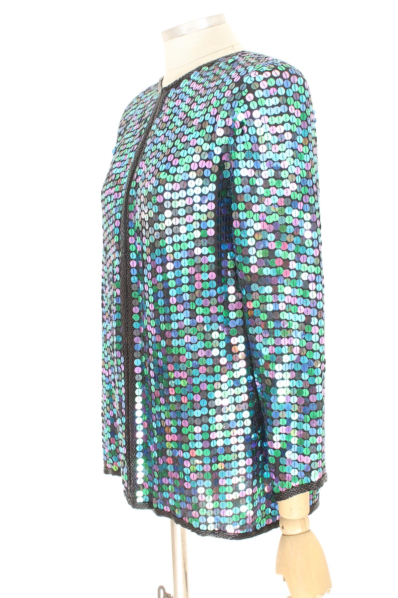  Oleg Cassini Veste de soirée vintage en soie à paillettes vertes 1990 Pour femmes 