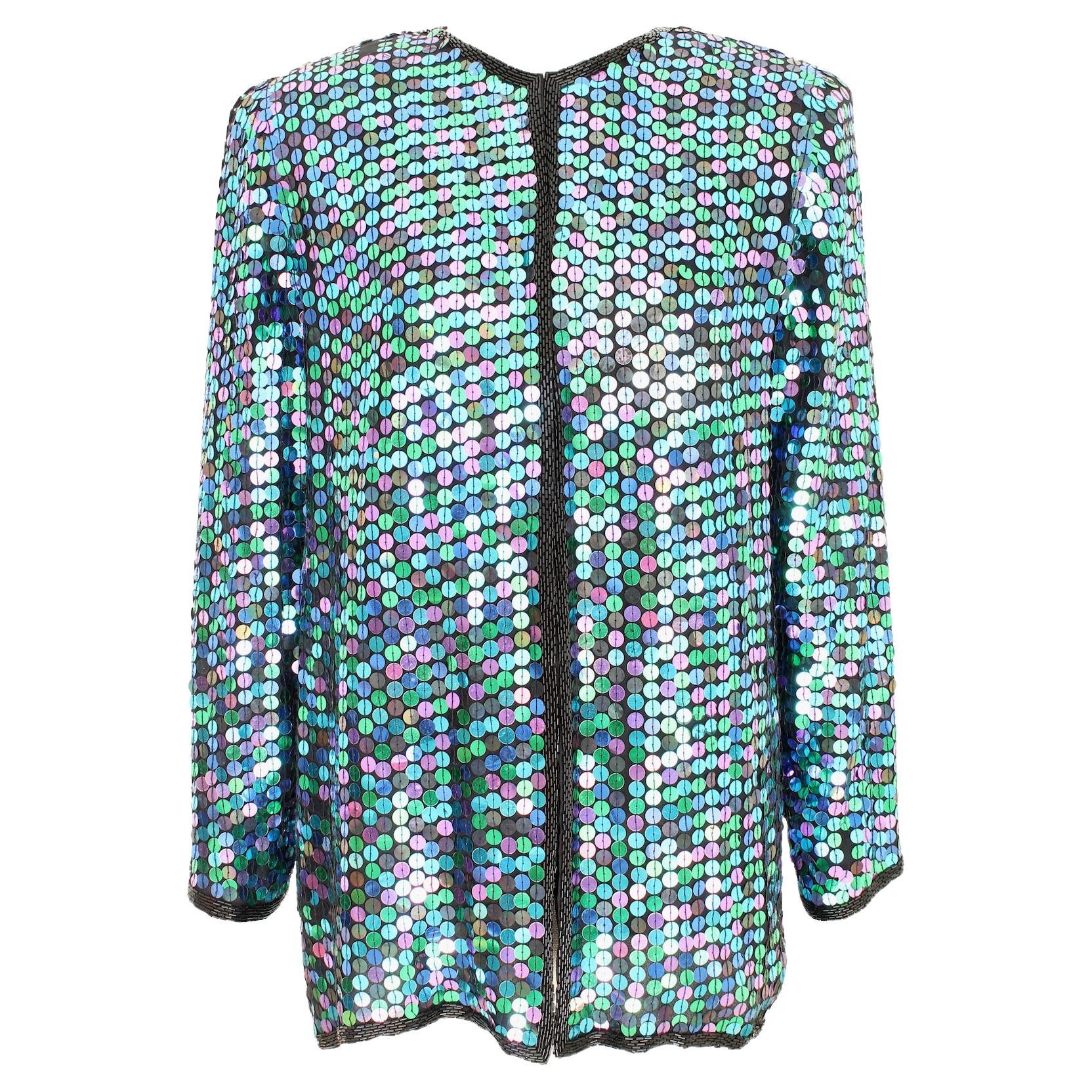 Oleg Cassini Green Sequins Silk Vintage Evening Jacket 1990s For Sale