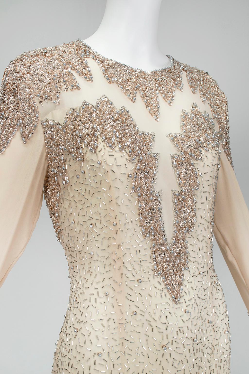 Oleg Cassini Nude Rose Gold Bead and Sequin Illusion Evening Gown - US 6, 1990s For Sale 5