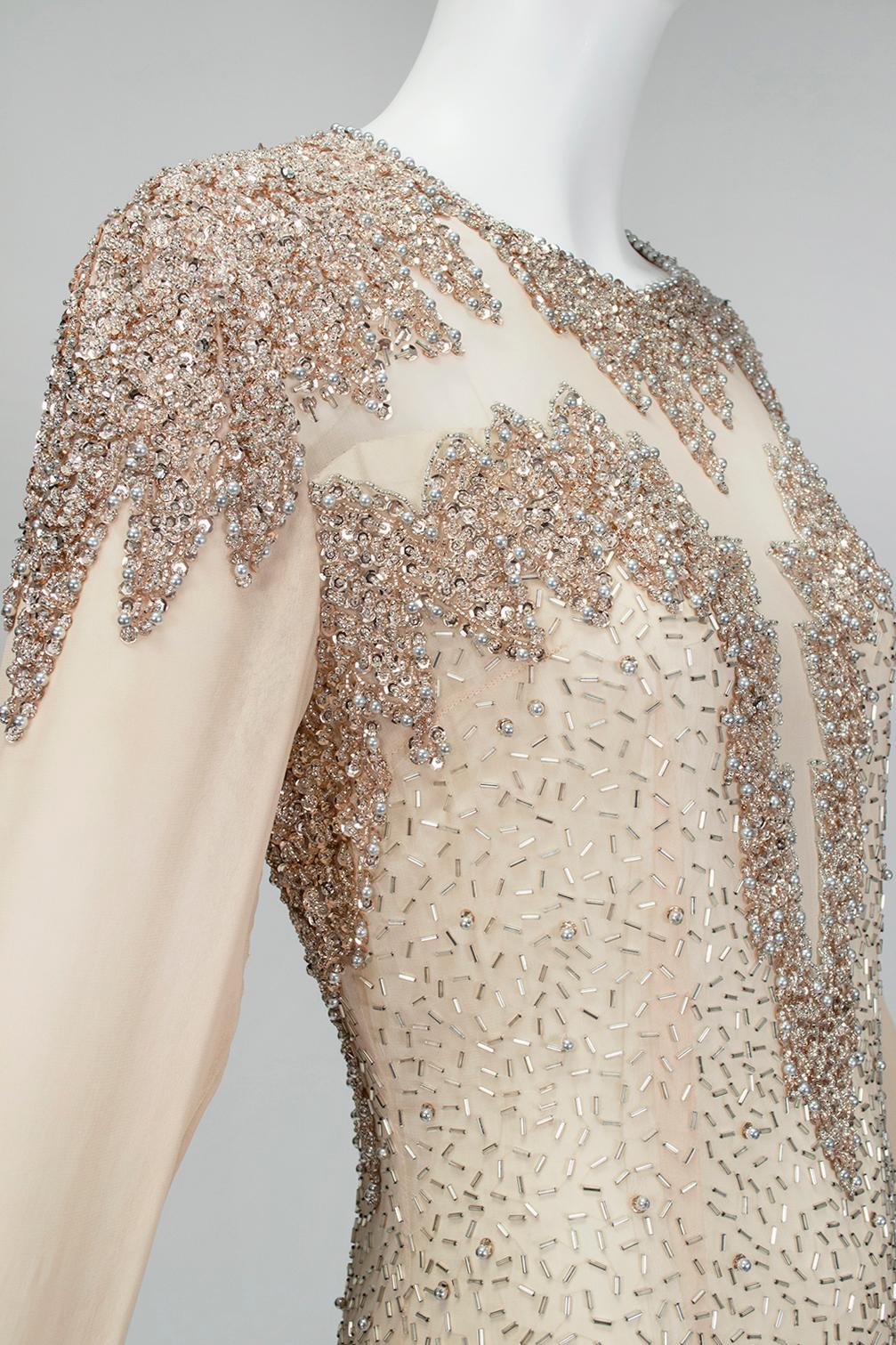 Oleg Cassini Nude Rose Gold Bead and Sequin Illusion Evening Gown - US 6, 1990s For Sale 6