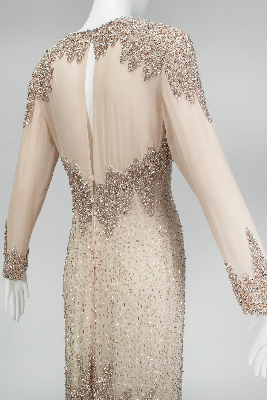 Oleg Cassini Nude Rose Gold Bead and Sequin Illusion Evening Gown - US 6, 1990s For Sale 8