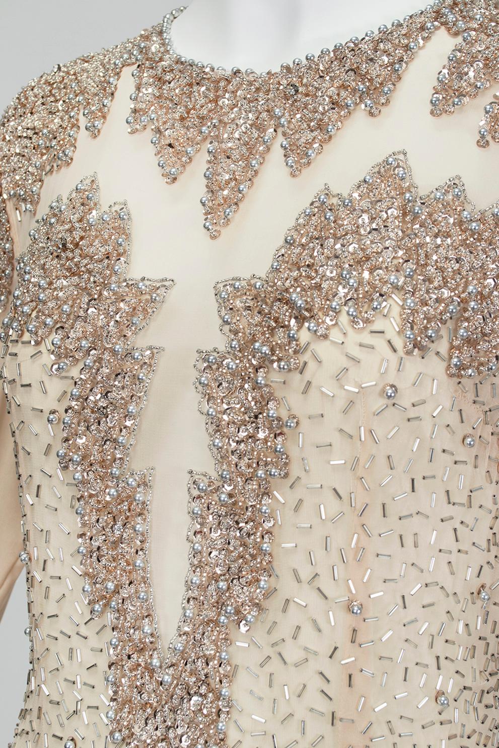 Oleg Cassini Nude Rose Gold Bead and Sequin Illusion Evening Gown - US 6, 1990s For Sale 7