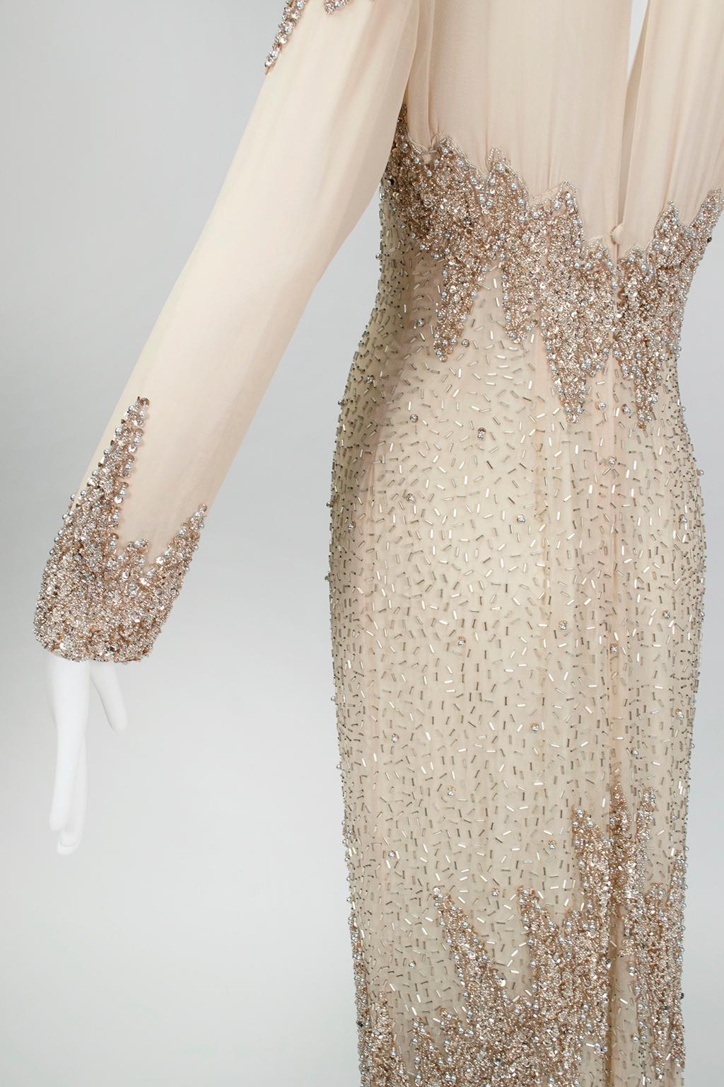 Oleg Cassini Nude Rose Gold Bead and Sequin Illusion Evening Gown - US 6, 1990s For Sale 9
