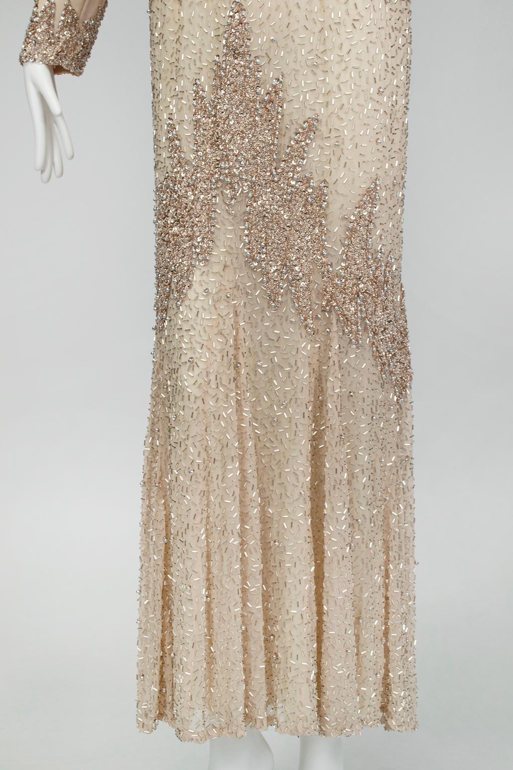 Oleg Cassini Nude Rose Gold Bead and Sequin Illusion Evening Gown - US 6, 1990s For Sale 11