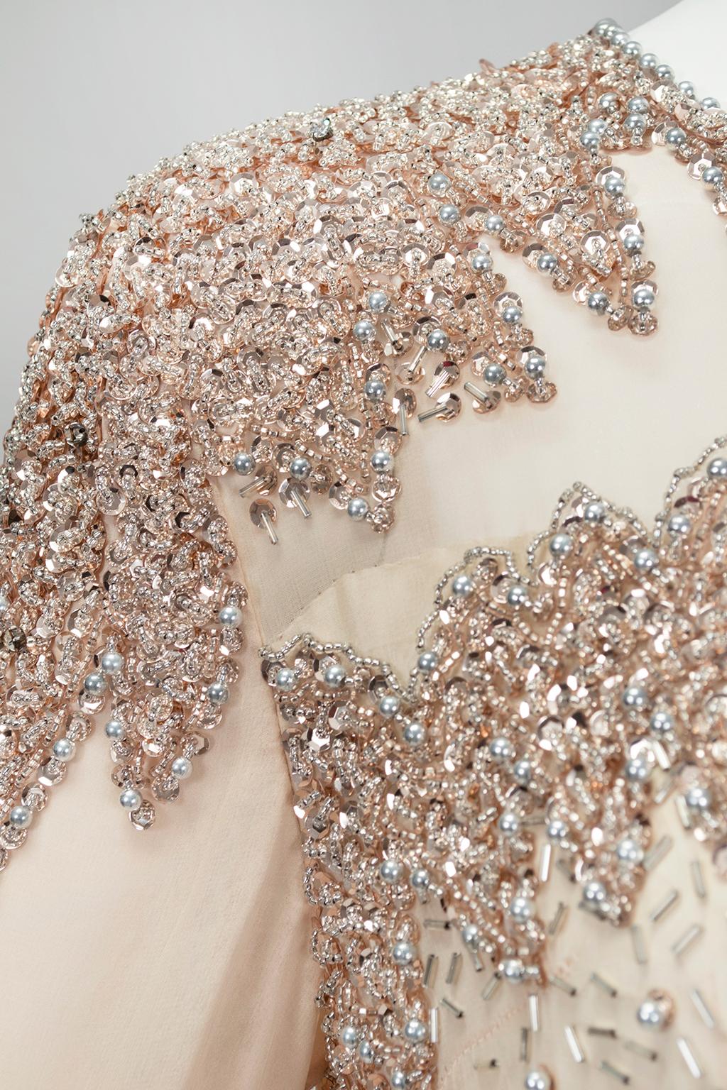 Oleg Cassini Nude Rose Gold Bead and Sequin Illusion Evening Gown - US 6, 1990s For Sale 12