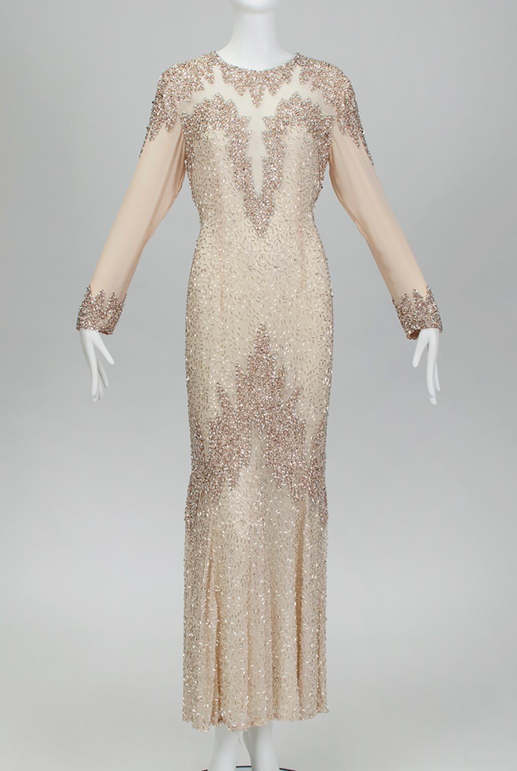 Achingly similar to Sharon Stone’s nude Bob Mackie gown in “Casino,” this illusion gown covers all the naughty bits with a solid crust of rose gold sequins, silver beads and rhinestone nuggets but leaves the rest exposed by a thin layer of flesh