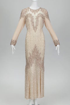 Oleg Cassini abito da sera con perline e paillettes in oro rosa nudo - US 6, anni '90