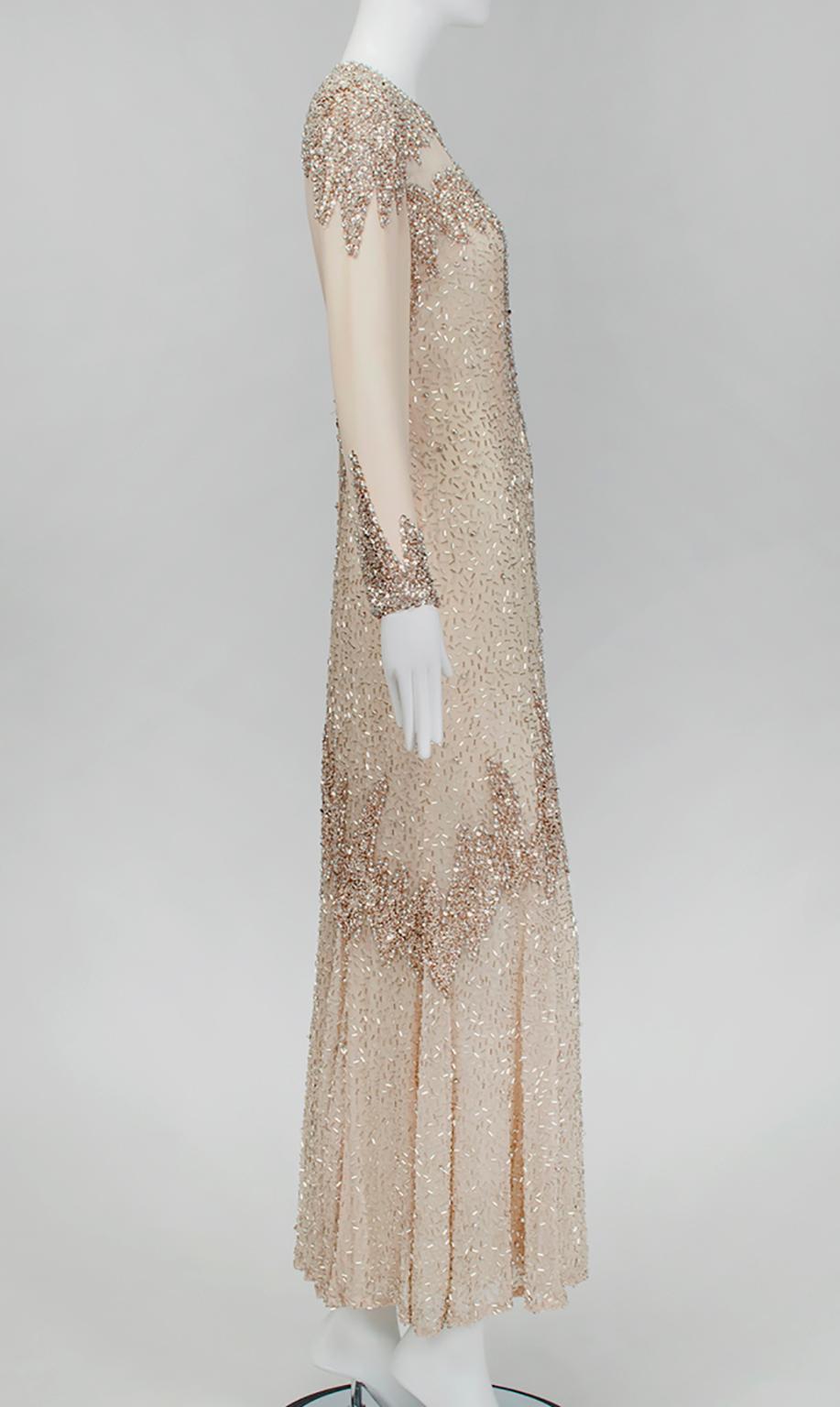 Oleg Cassini Nude Rose Gold Bead and Sequin Illusion Evening Gown - US 6, 1990s In Good Condition For Sale In Tucson, AZ