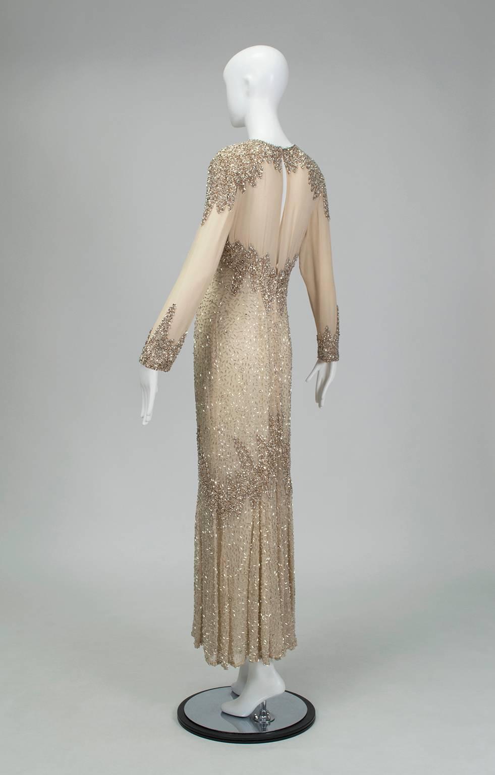 Women's Oleg Cassini Nude Rose Gold Bead and Sequin Illusion Evening Gown - US 6, 1990s For Sale