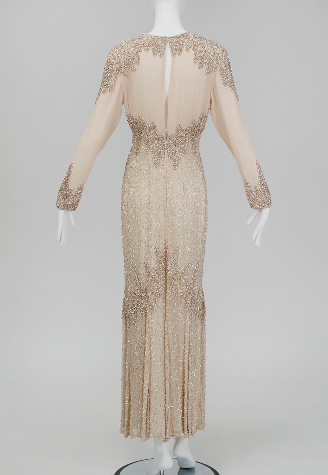Women's Oleg Cassini Nude Rose Gold Bead and Sequin Illusion Evening Gown - US 6, 1990s For Sale