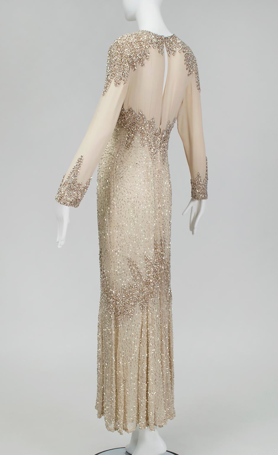 Oleg Cassini Nude Rose Gold Bead and Sequin Illusion Evening Gown - US 6, 1990s For Sale 1