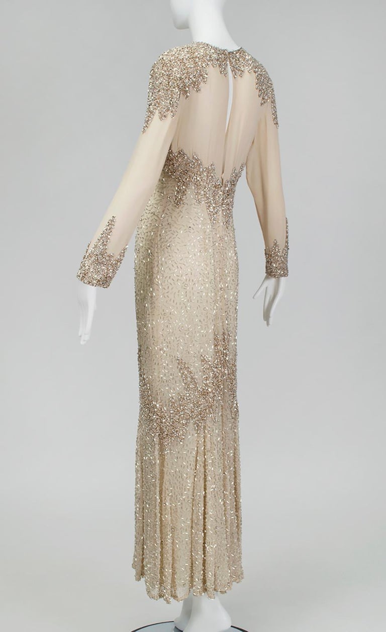 Oleg Cassini Nude Rose Gold Bead and Sequin Illusion Evening Gown - US 6,  1990s For Sale at 1stDibs