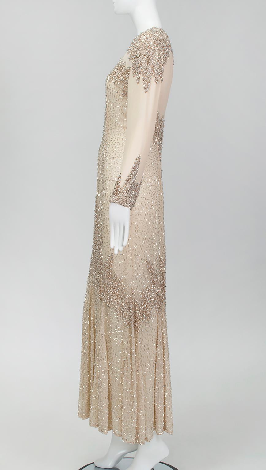 Oleg Cassini Nude Rose Gold Bead and Sequin Illusion Evening Gown - US 6, 1990s For Sale 2