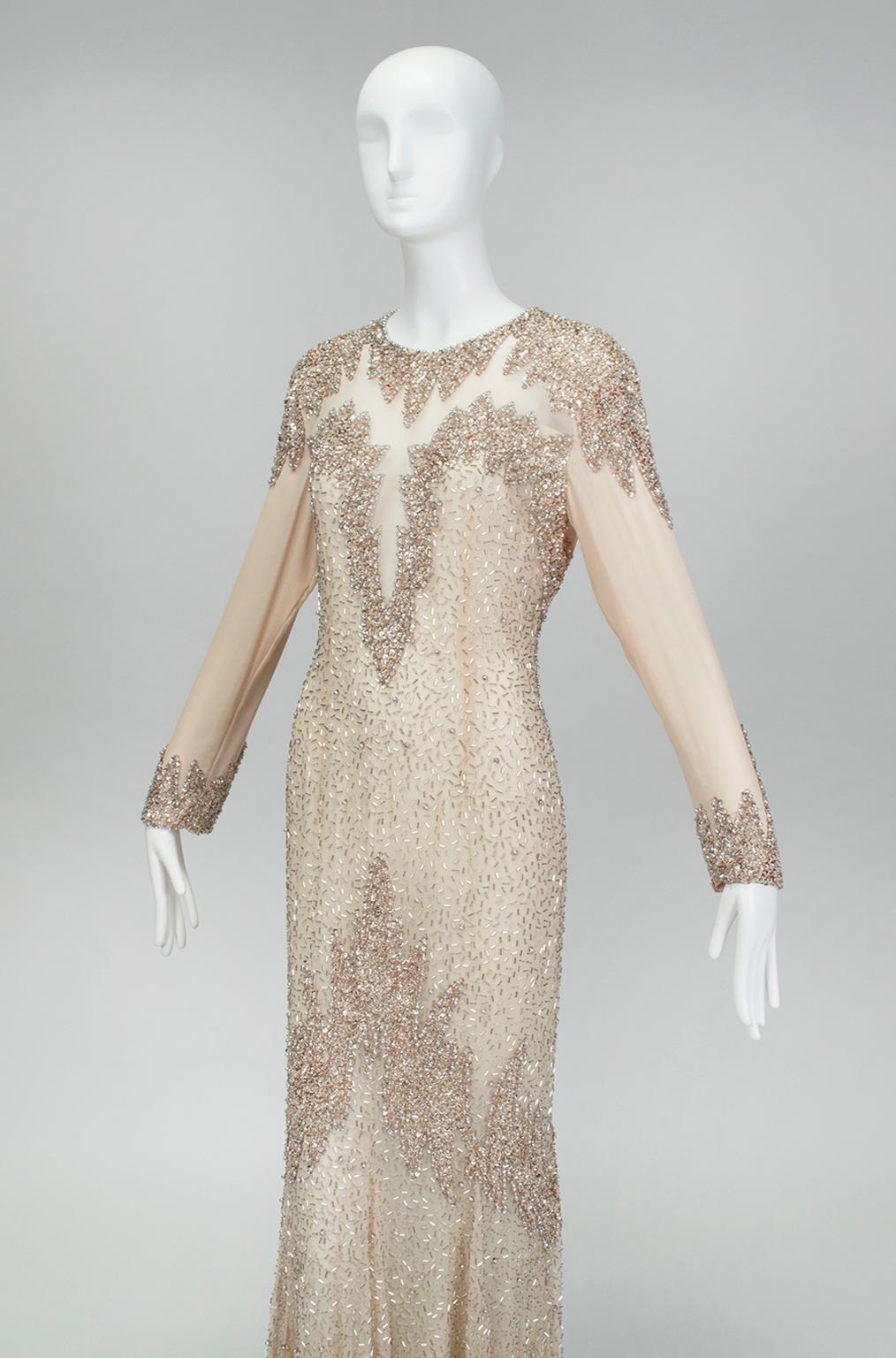Oleg Cassini Nude Rose Gold Bead and Sequin Illusion Evening Gown - US 6, 1990s For Sale 3