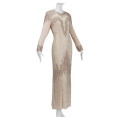 Oleg Cassini abito da sera con perline e paillettes in oro rosa nudo - US 6, anni '90