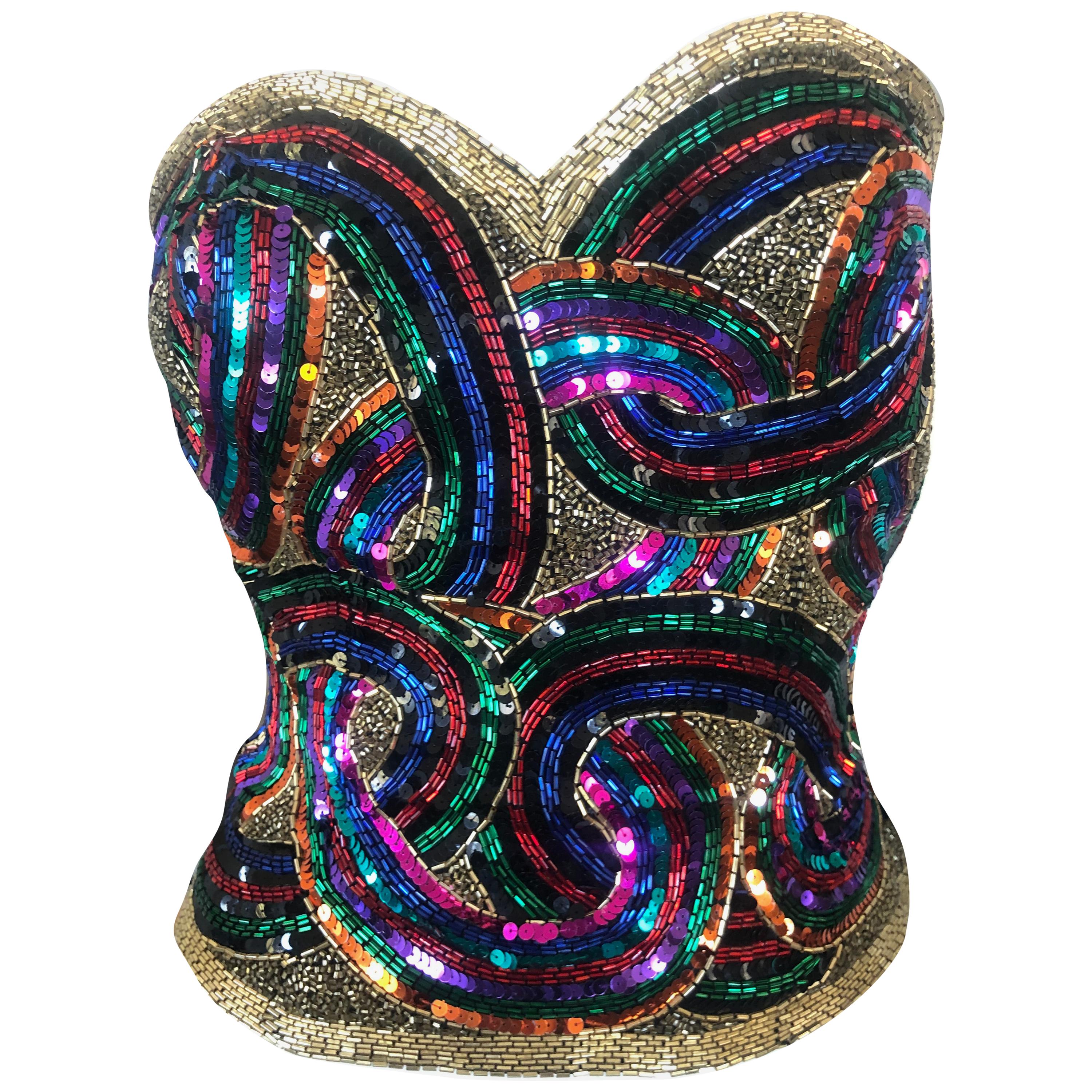 Oleg Cassini Seventies Disco Era Beaded & Sequined Corset Bustier For Sale