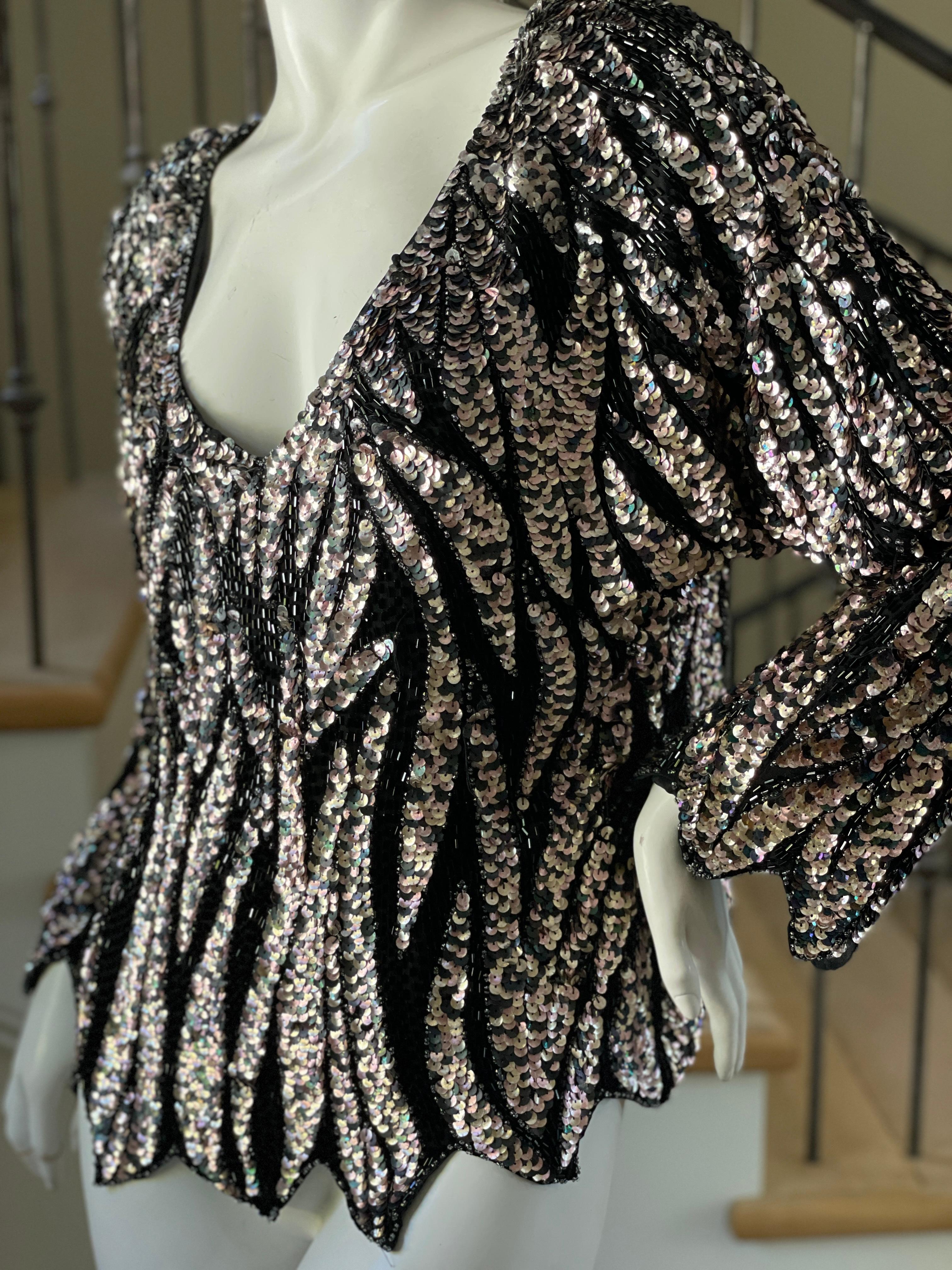 Oleg Cassini Vintage Disco Era Zebra Pattern Sequin Bugle Bead Low Cut Top 
Size M
  Bust 40