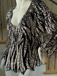 Oleg Cassini Seventies Disco Era Beaded & Sequined Plunging Zebra Pattern Top