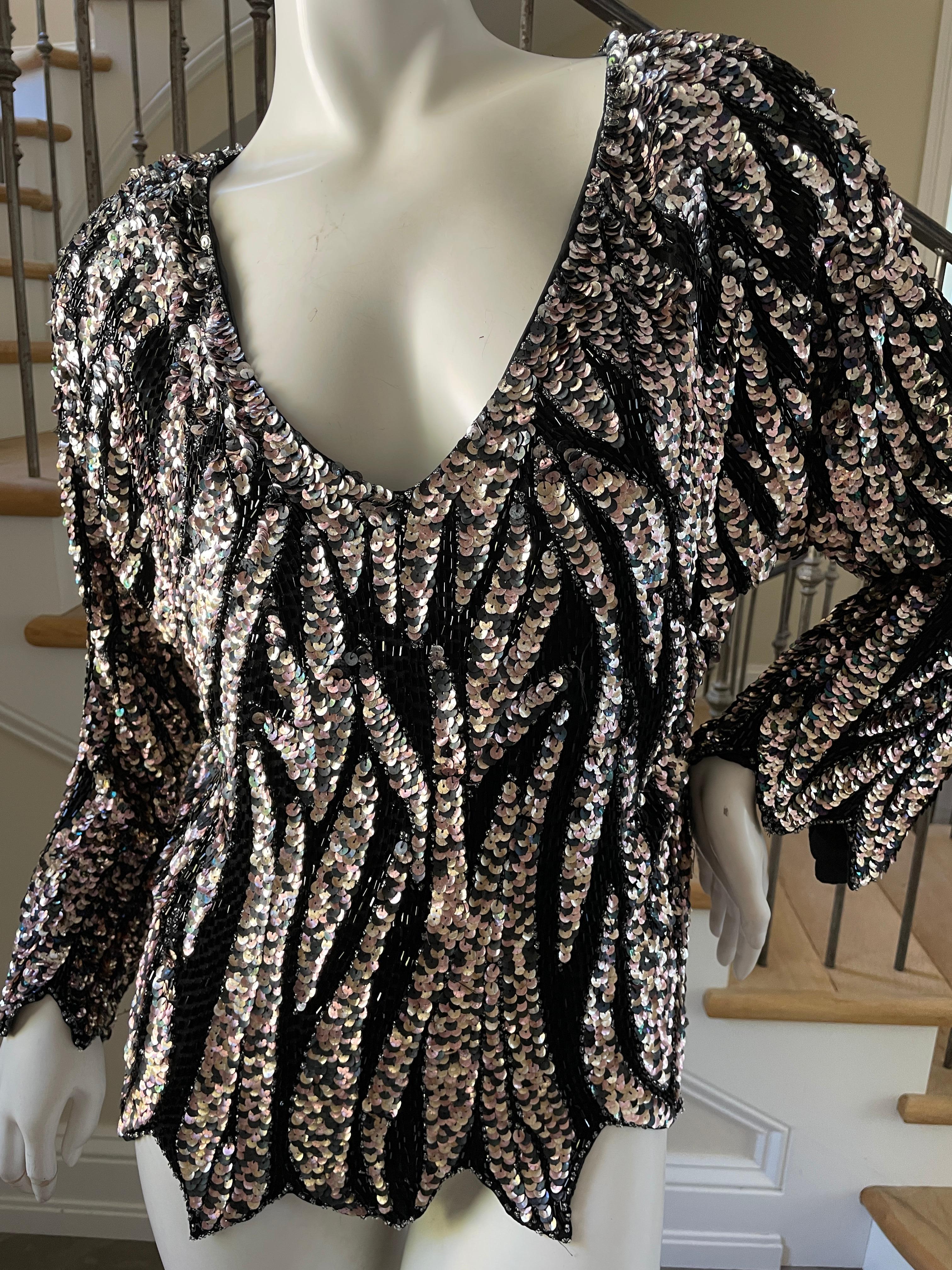 Black Oleg Cassini Seventies Disco Era Beaded & Sequined Plunging Zebra Pattern Top For Sale