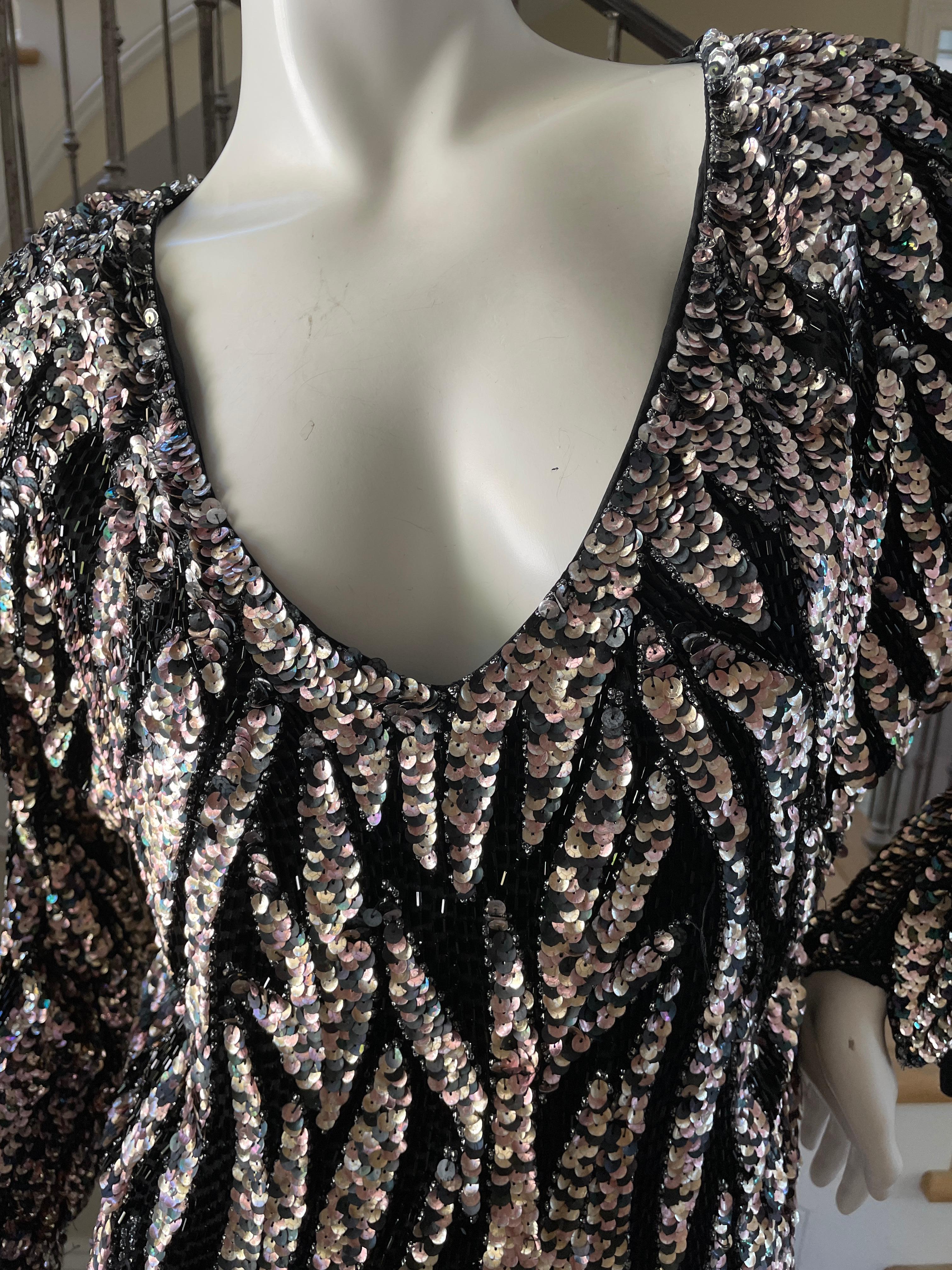 Oleg Cassini Seventies Disco Era Beaded & Sequined Plunging Zebra Pattern Top In Good Condition For Sale In Cloverdale, CA