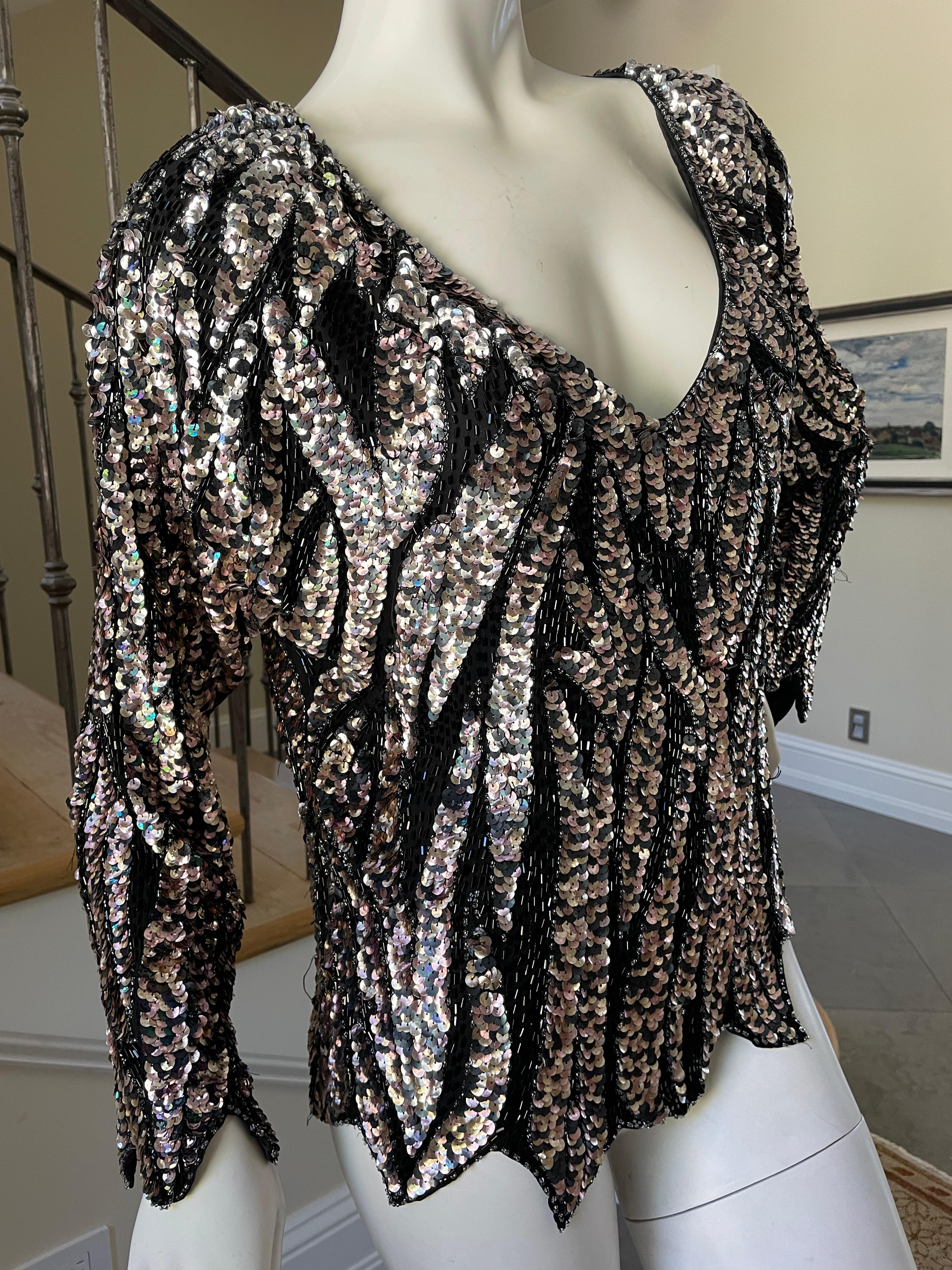 Women's Oleg Cassini Seventies Disco Era Beaded & Sequined Plunging Zebra Pattern Top For Sale