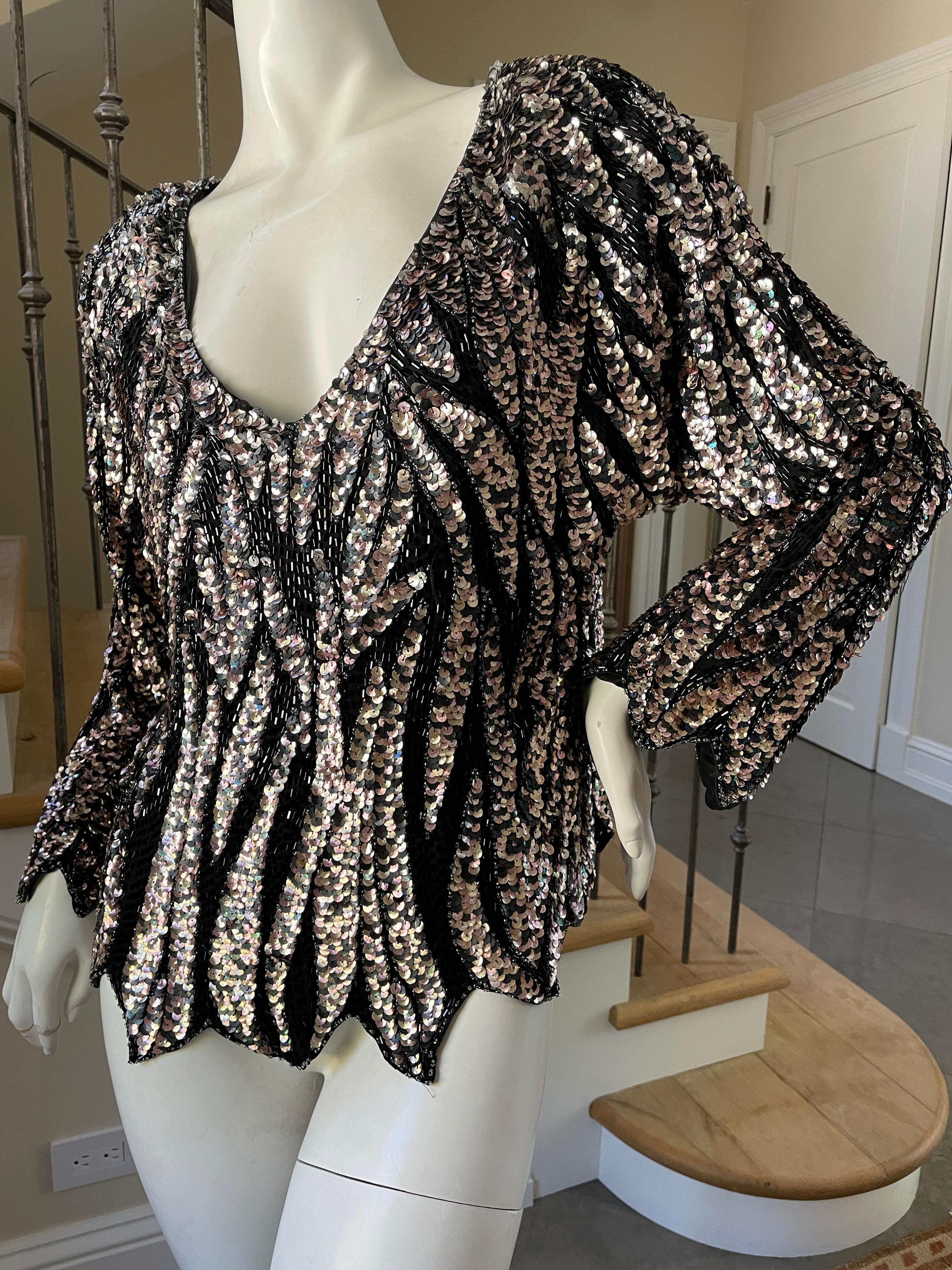 Oleg Cassini Seventies Disco Era Beaded & Sequined Plunging Zebra Pattern Top For Sale 1