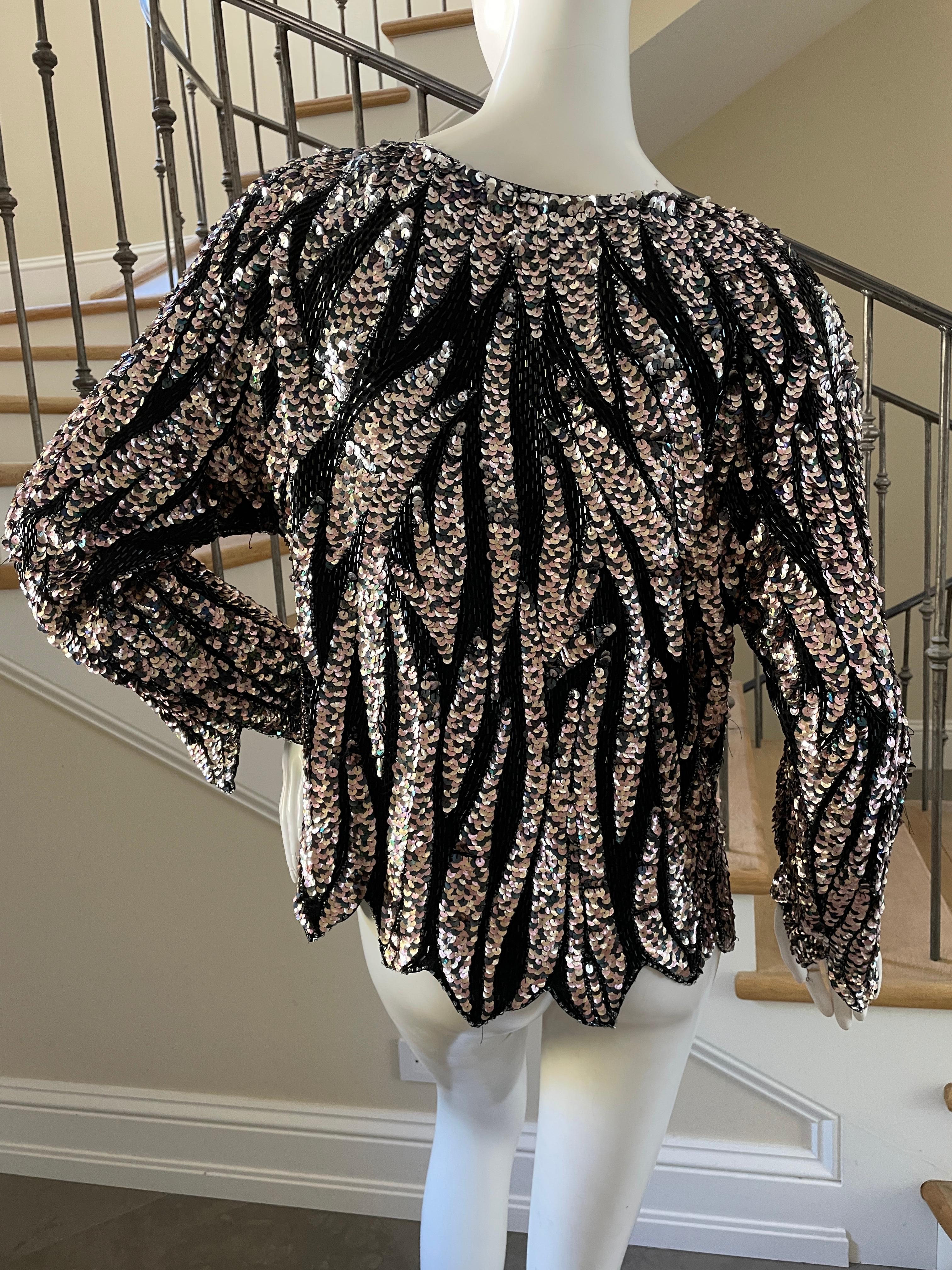 Oleg Cassini Seventies Disco Era Beaded & Sequined Plunging Zebra Pattern Top For Sale 2