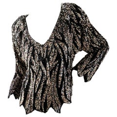 Retro Oleg Cassini Seventies Disco Era Beaded & Sequined Plunging Zebra Pattern Top