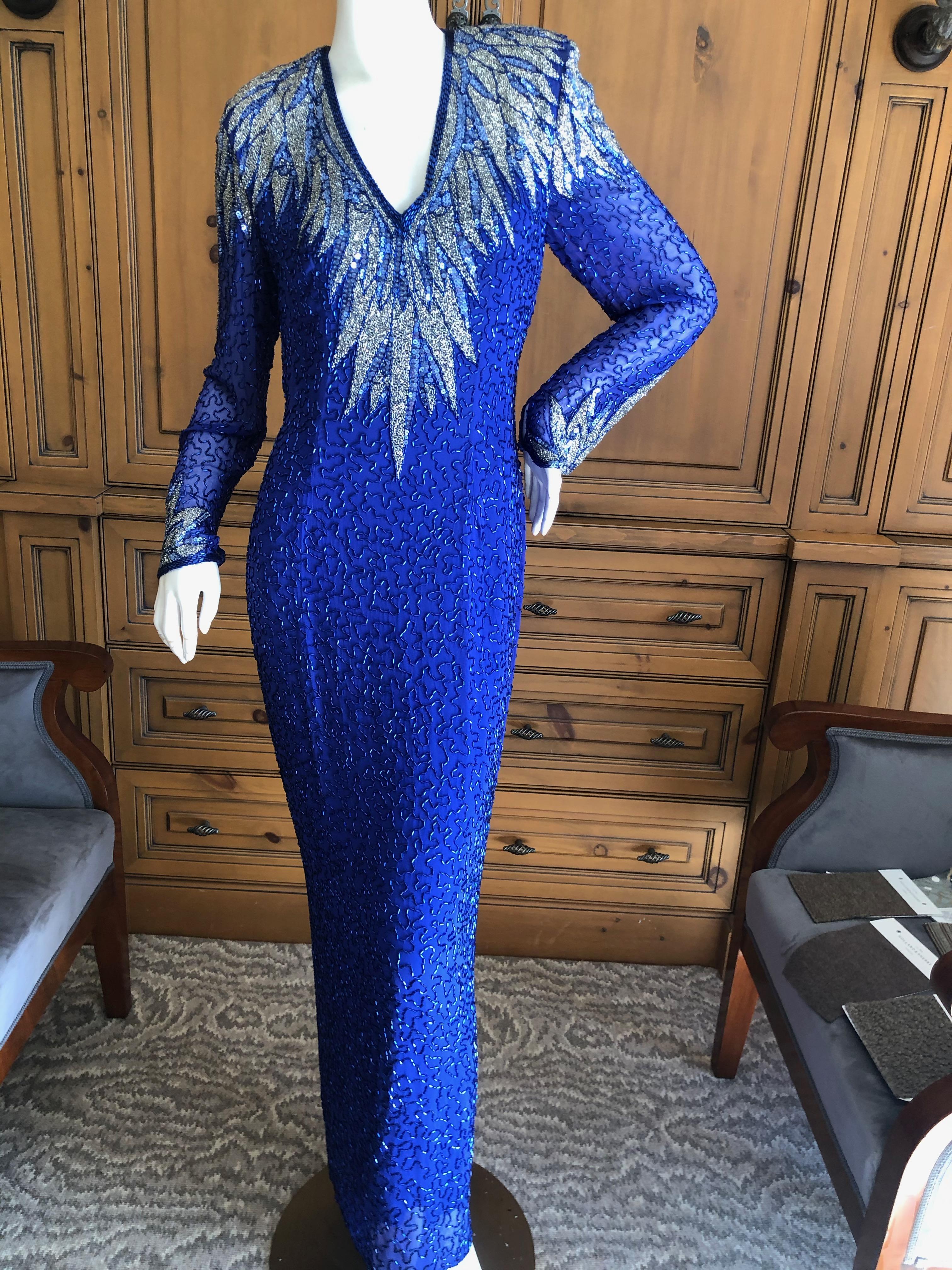 Purple Oleg Cassini Seventies Sequin Beaded Backless Evening Dress For Sale