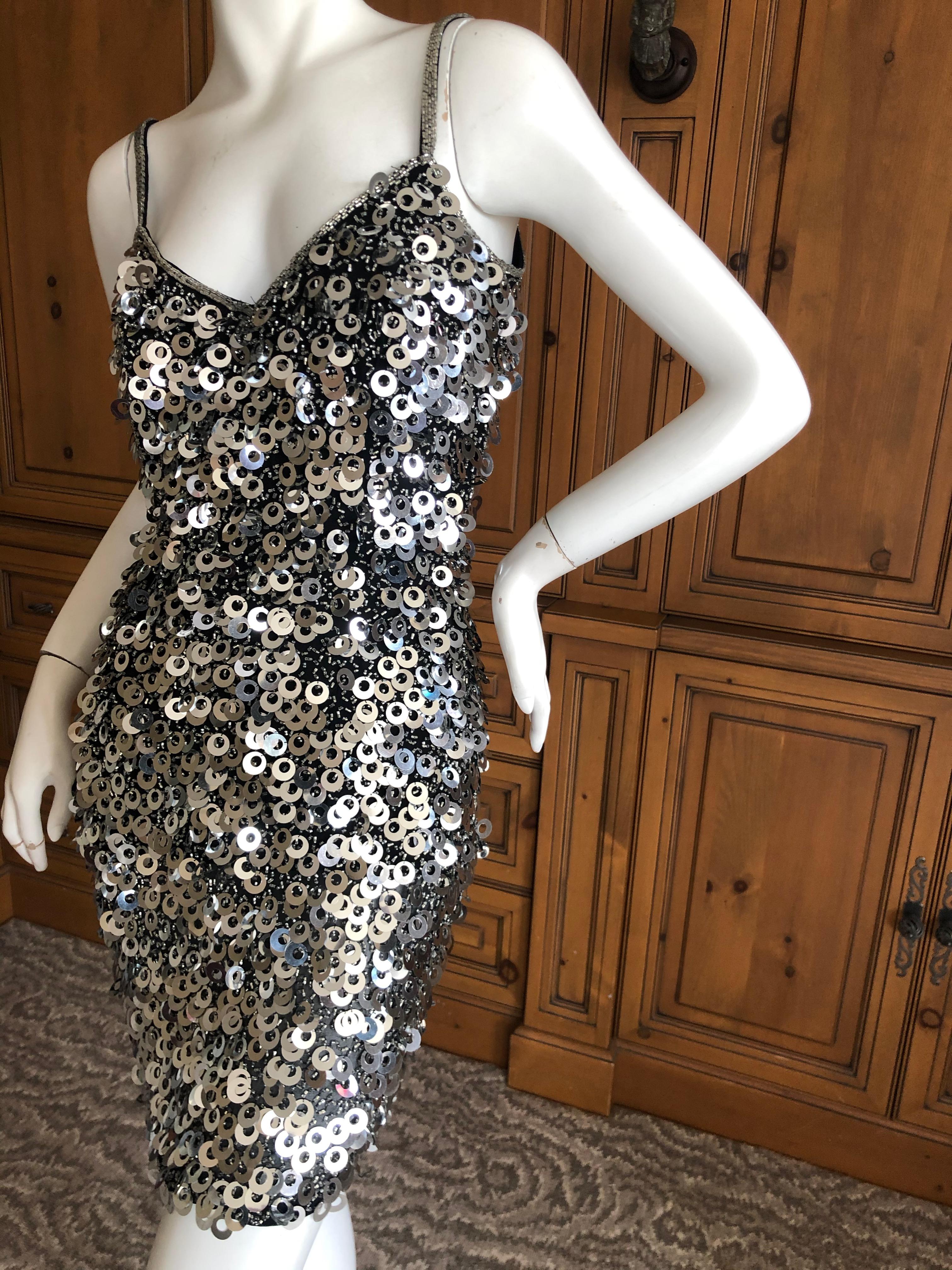 Black Oleg Cassini Silver Seventies Disco Era Beaded Mini Dress