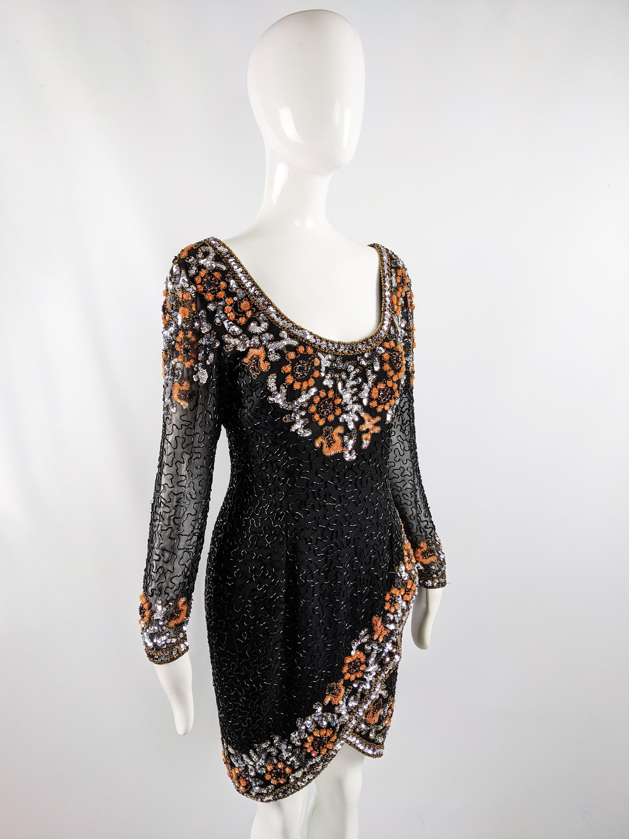 Oleg Cassini Vintage 80s Black & Orange Beaded & Sequin Silk Party Dress, 1980s In Excellent Condition In Doncaster, South Yorkshire