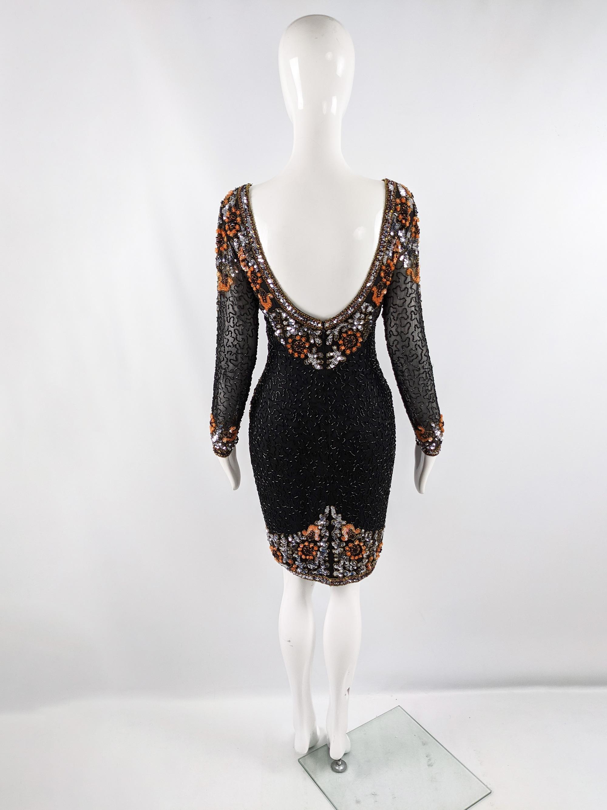Women's Oleg Cassini Vintage 80s Black & Orange Beaded & Sequin Silk Party Dress, 1980s