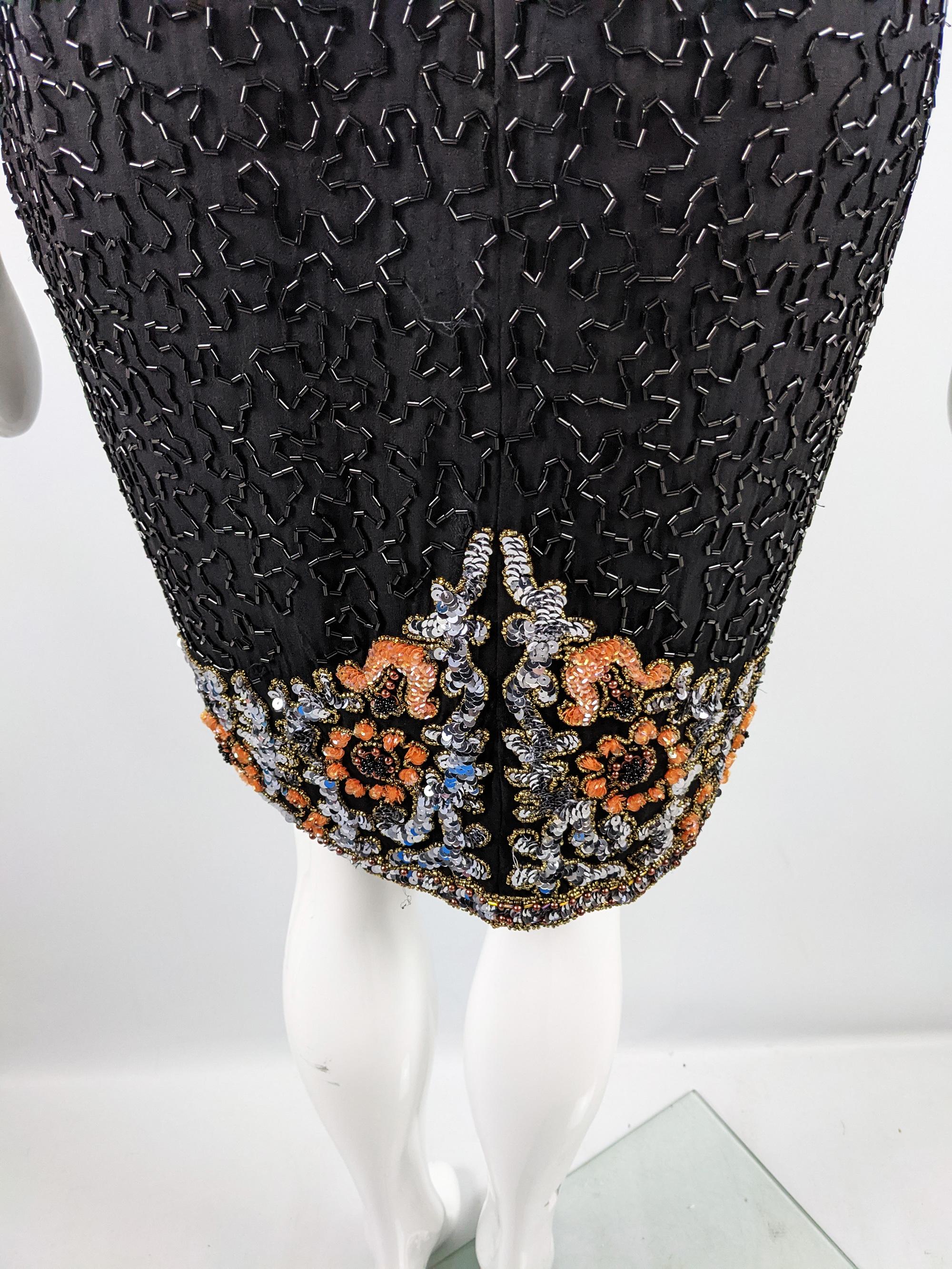 Oleg Cassini Vintage 80s Black & Orange Beaded & Sequin Silk Party Dress, 1980s 1