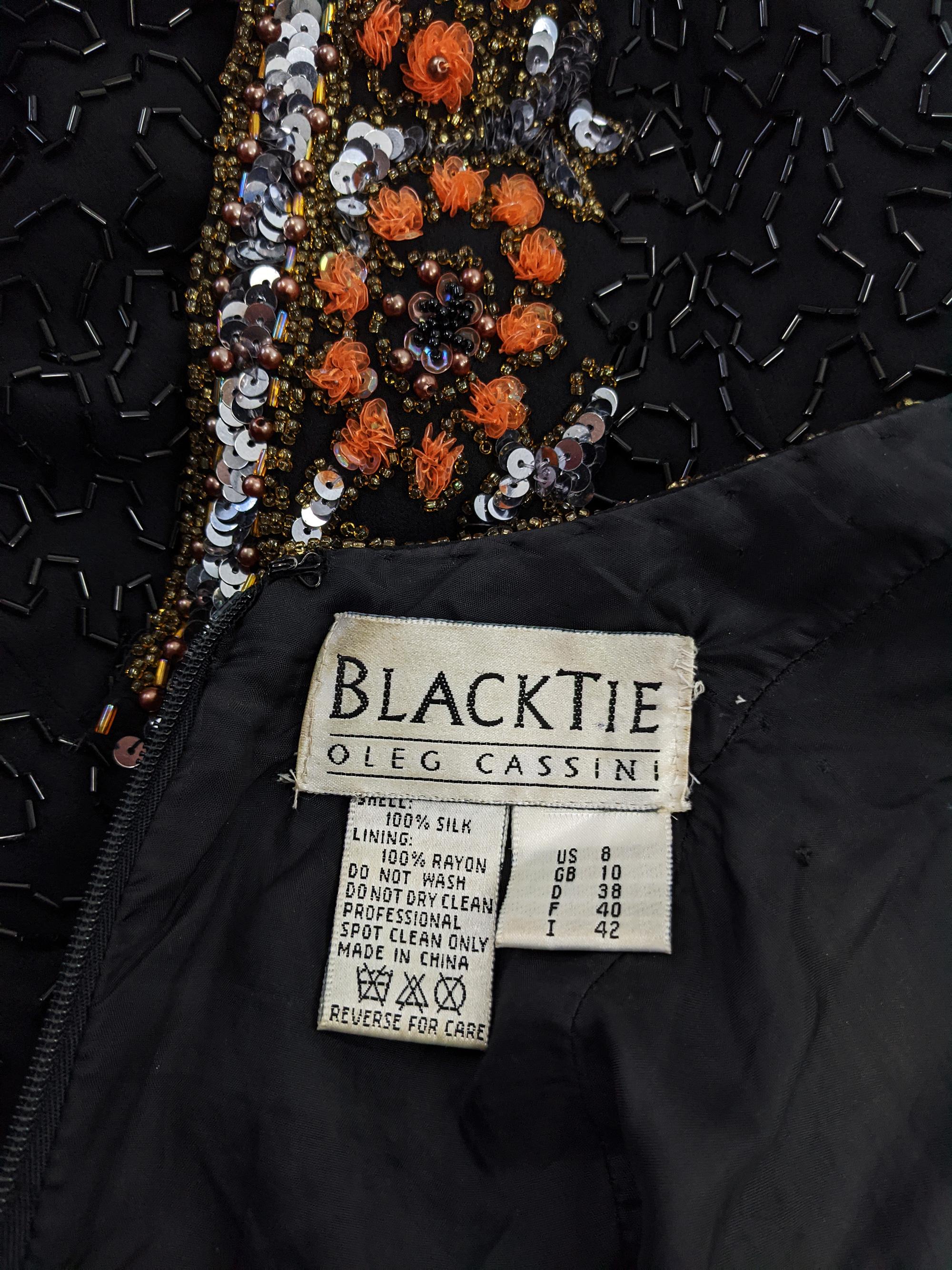 Oleg Cassini Vintage 80s Black & Orange Beaded & Sequin Silk Party Dress, 1980s 2