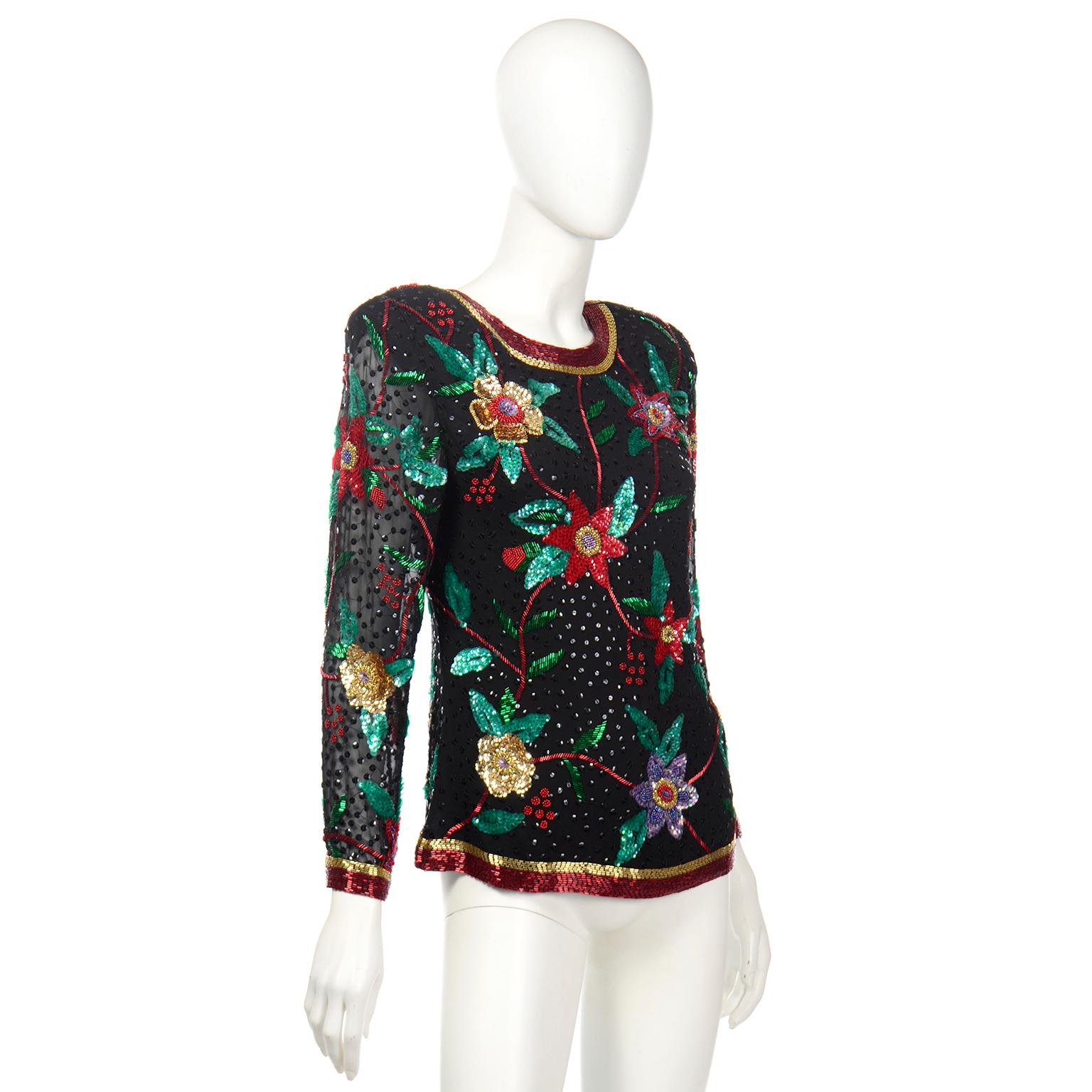 Black Oleg Cassini Vintage Beaded and Sequins Floral Holiday Top For Sale