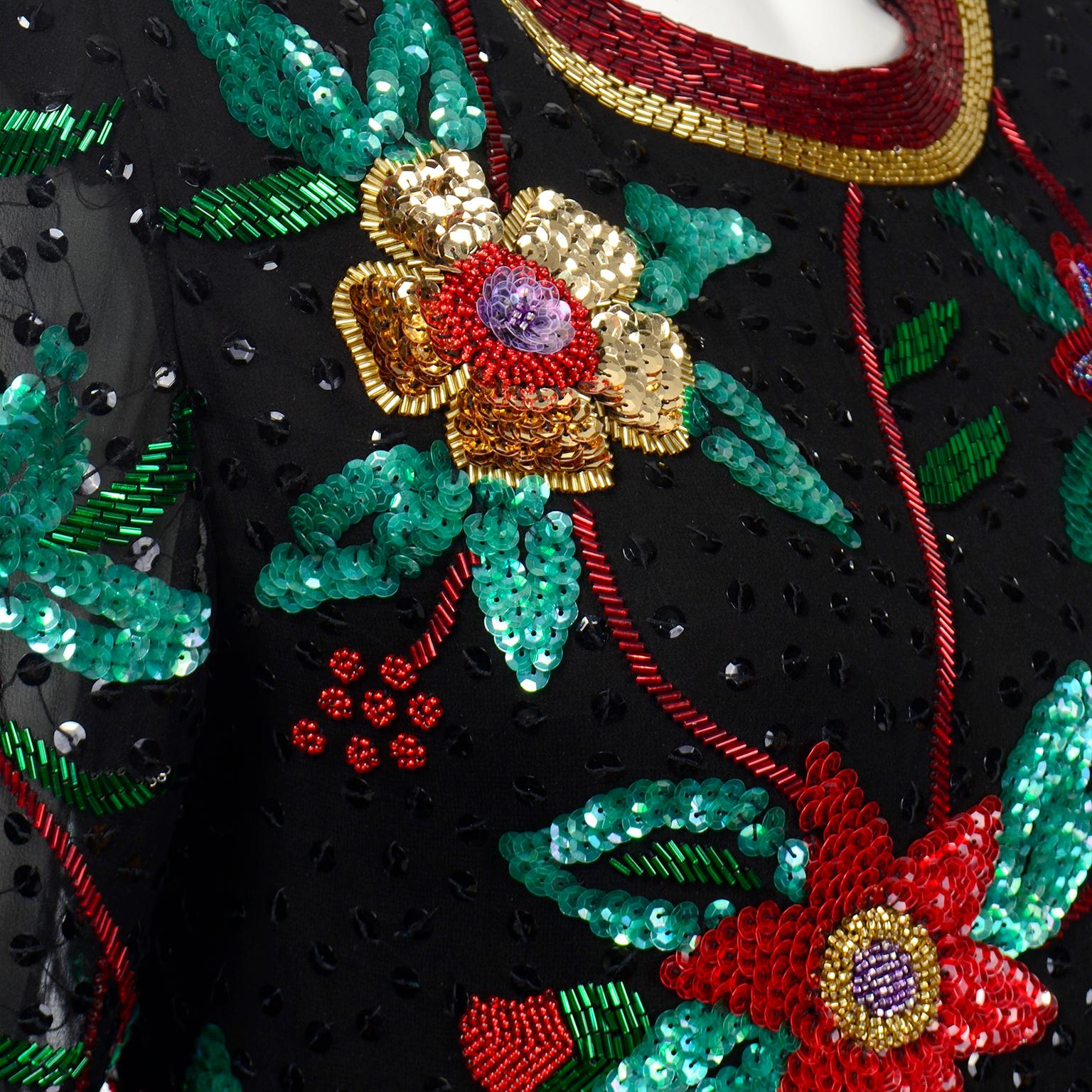 Oleg Cassini Vintage Beaded and Sequins Floral Holiday Top For Sale 1