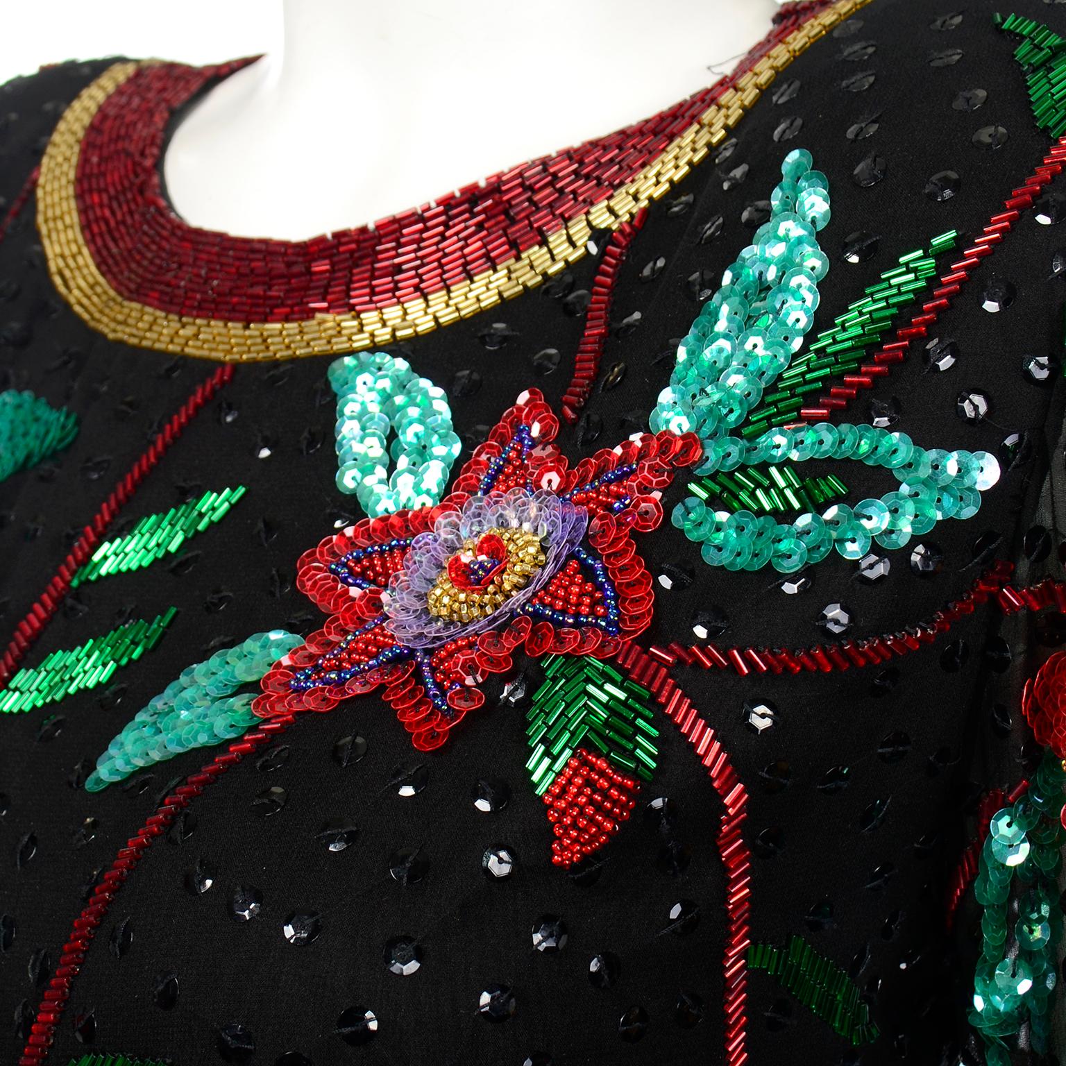 Oleg Cassini Vintage Beaded and Sequins Floral Holiday Top For Sale 2
