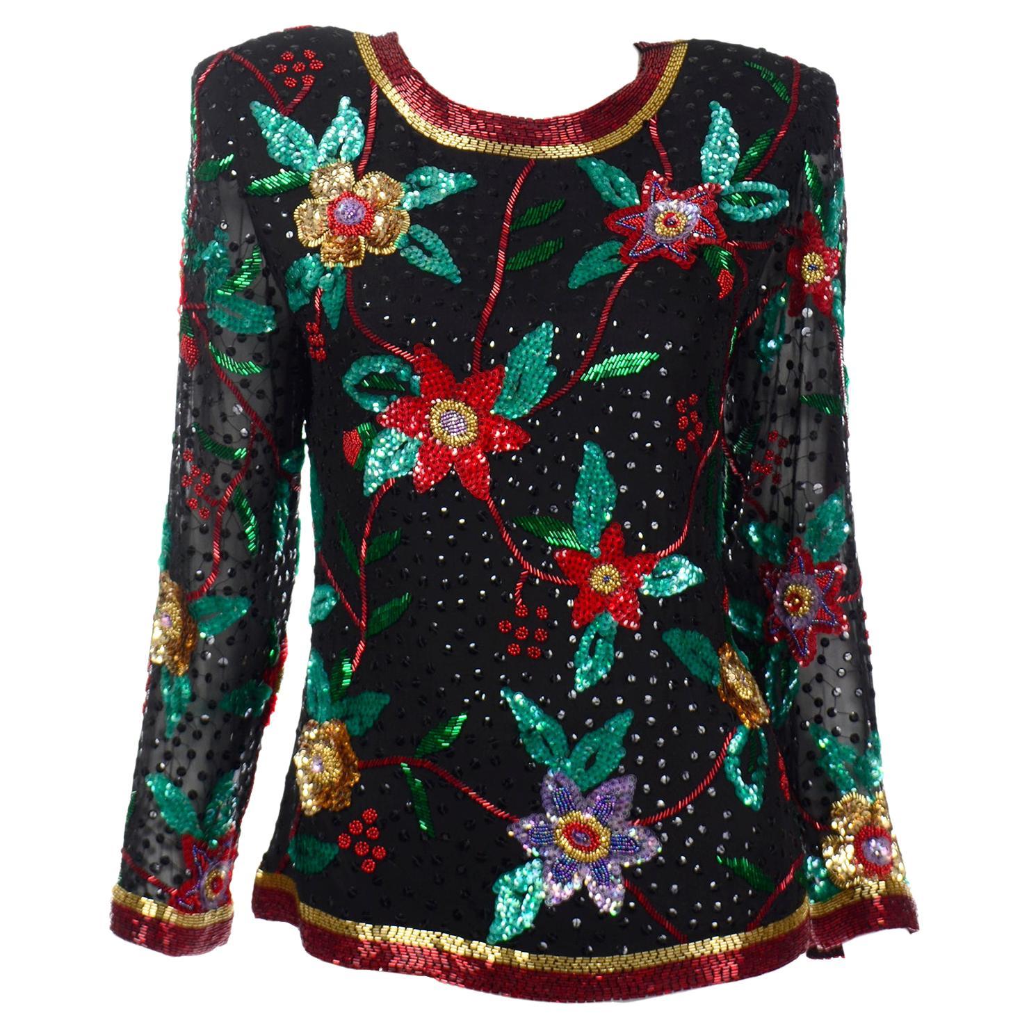 Oleg Cassini Vintage Beaded and Sequins Floral Holiday Top