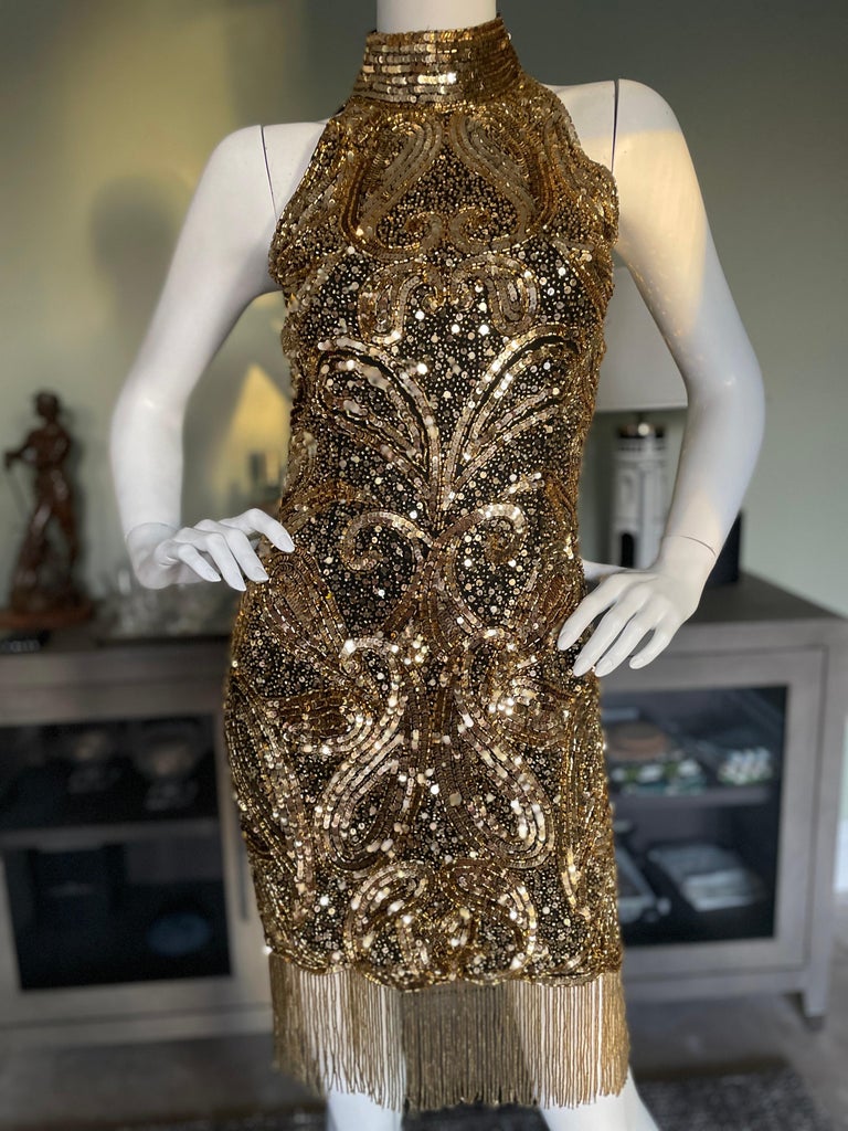 vintage gold sequin dress Vintage Gold Sequin 1920s Style Charleston Dress L/XL