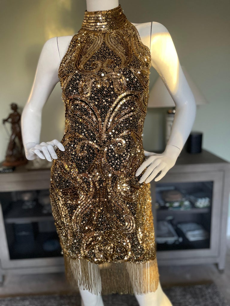 Oleg Cassini Vintage Gold Sequin Fringed Cocktail Dress For Sale at 1stDibs  | gold sequin fringe dress, gold vintage dress, vintage gold sequin dress