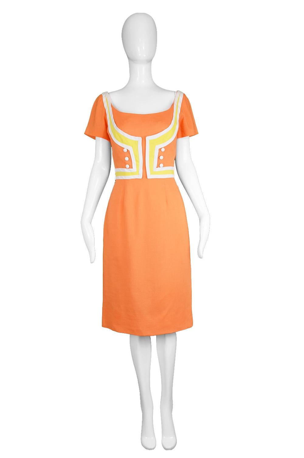 Oleg Cassini Vintage Orange, White & Yellow Linen Short Sleeve Mod Dress, 1960s

Estimated Size: UK 8-10/ US 4-6/ EU 36-38. Click 'Continue Reading' to check measurements and description. 
Bust - 34” / 86cm
Waist - 26” / 66cm
Hips - 36” /