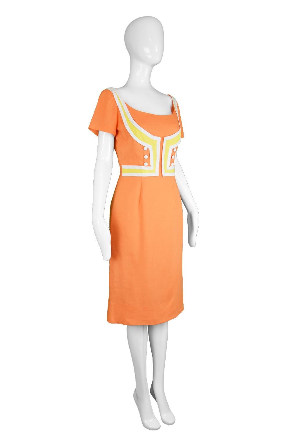 Oleg Cassini Vintage Orange, White & Yellow Linen Short Sleeve Mod Dress, 1960s For Sale 1