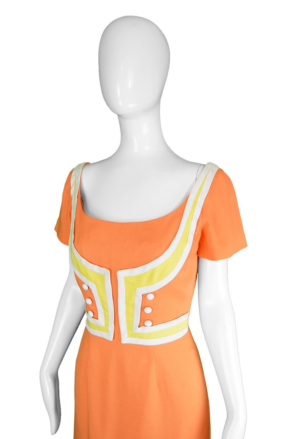 Oleg Cassini Vintage Orange, White & Yellow Linen Short Sleeve Mod Dress, 1960s For Sale 2