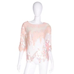 Oleg Cassini Vintage Pink & Coral Beaded & Paillette Sequin Evening Blouse Top