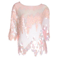 Oleg Cassini Vintage Pink & Coral Beaded & Paillette Sequin Evening Blouse Top