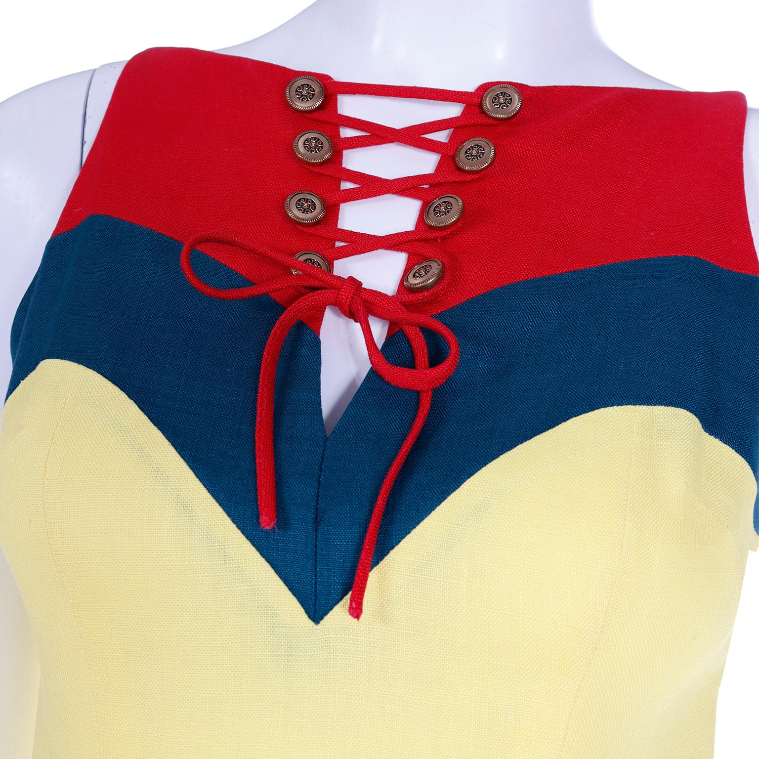 Oleg Cassini, robe vintage jaune, rouge et verte en lin avec corsage dentelé, 1958 en vente 5