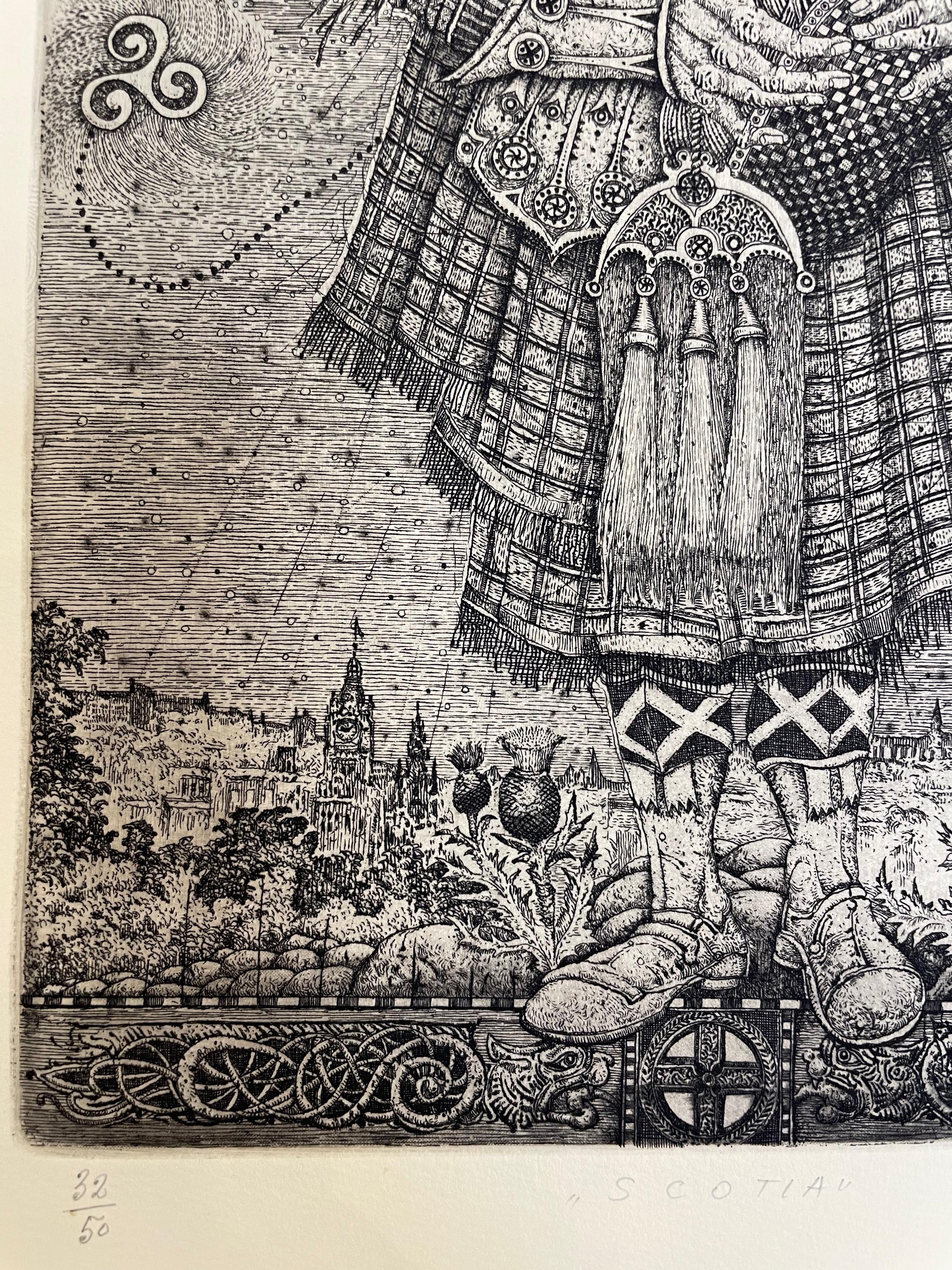 The etchings of Ukrainian print artist, Oleg Denisenko, delight the imagination with their fantastical themes and complex, intricate detail. The fineness of line and rich imagery reflect the very strong and active print tradition of Eastern Europe