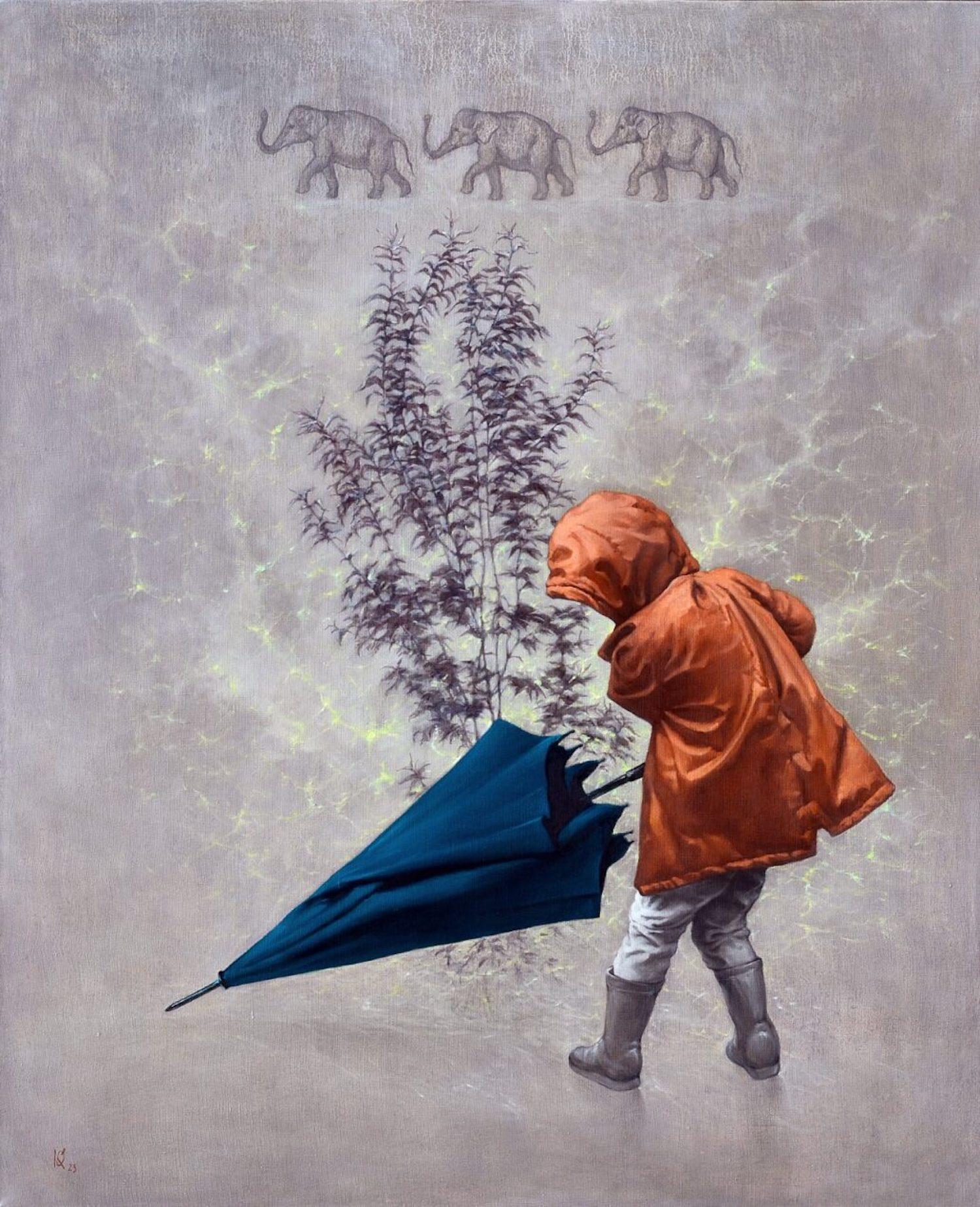 Oleg Kateryniuk Figurative Painting - Big father's umbrella, Figurative Art, Original oil Painting, Ready to Hang